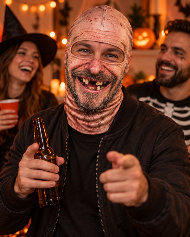 Illustrative Halloween party scene with an adult wearing the smiling printed fabric mask