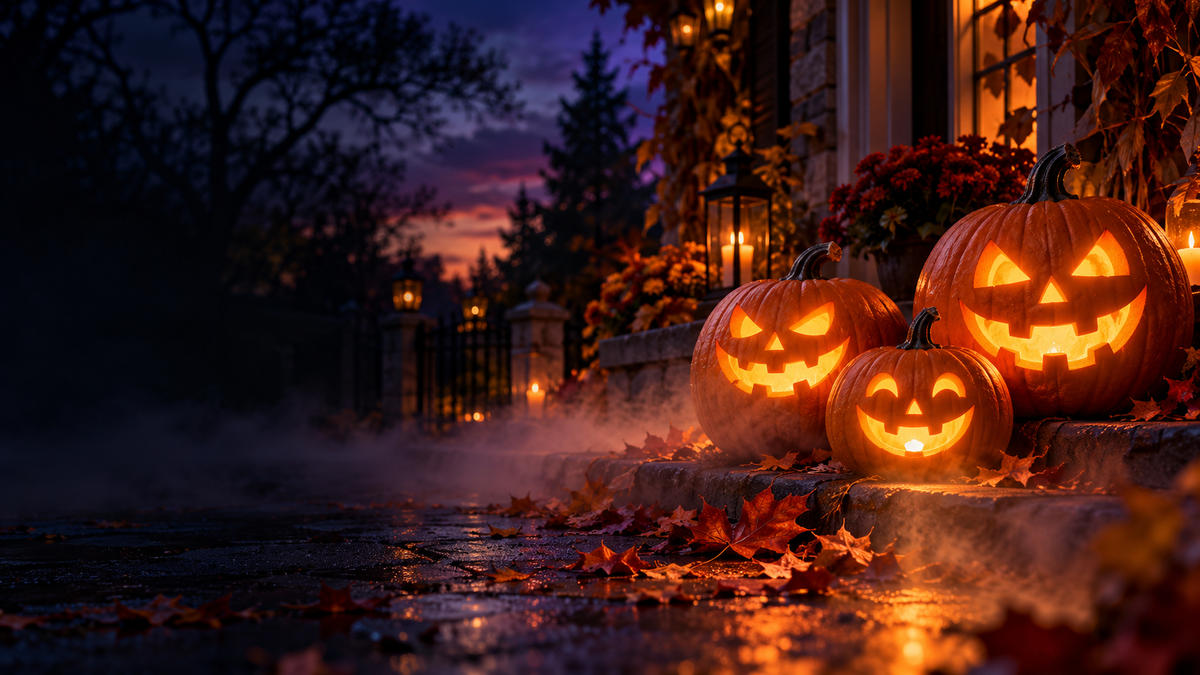Glowing Halloween pumpkins on a warmly lit autumn porch